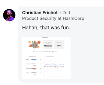 Christian Frichot, Hashicorp, said: "Haha, that was fun." and shared score 64%